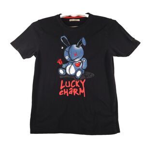 BKYS Lucky Charm Embroidered Bunny Holding Rose Cotton Blend T-Shirt Y2K Small